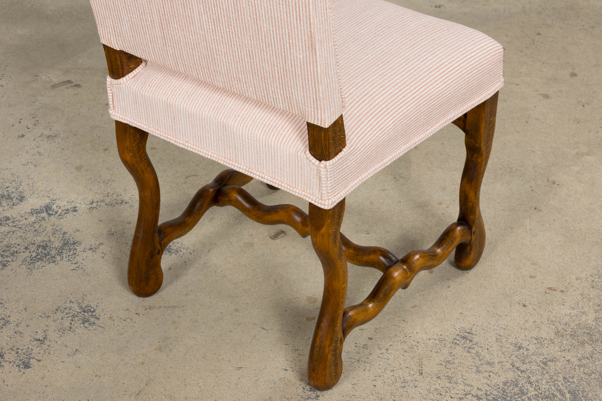 Antique French Louis XIII Style Os De Mouton Oak Dining Chairs in Blush Pink Stripe- Set of 6