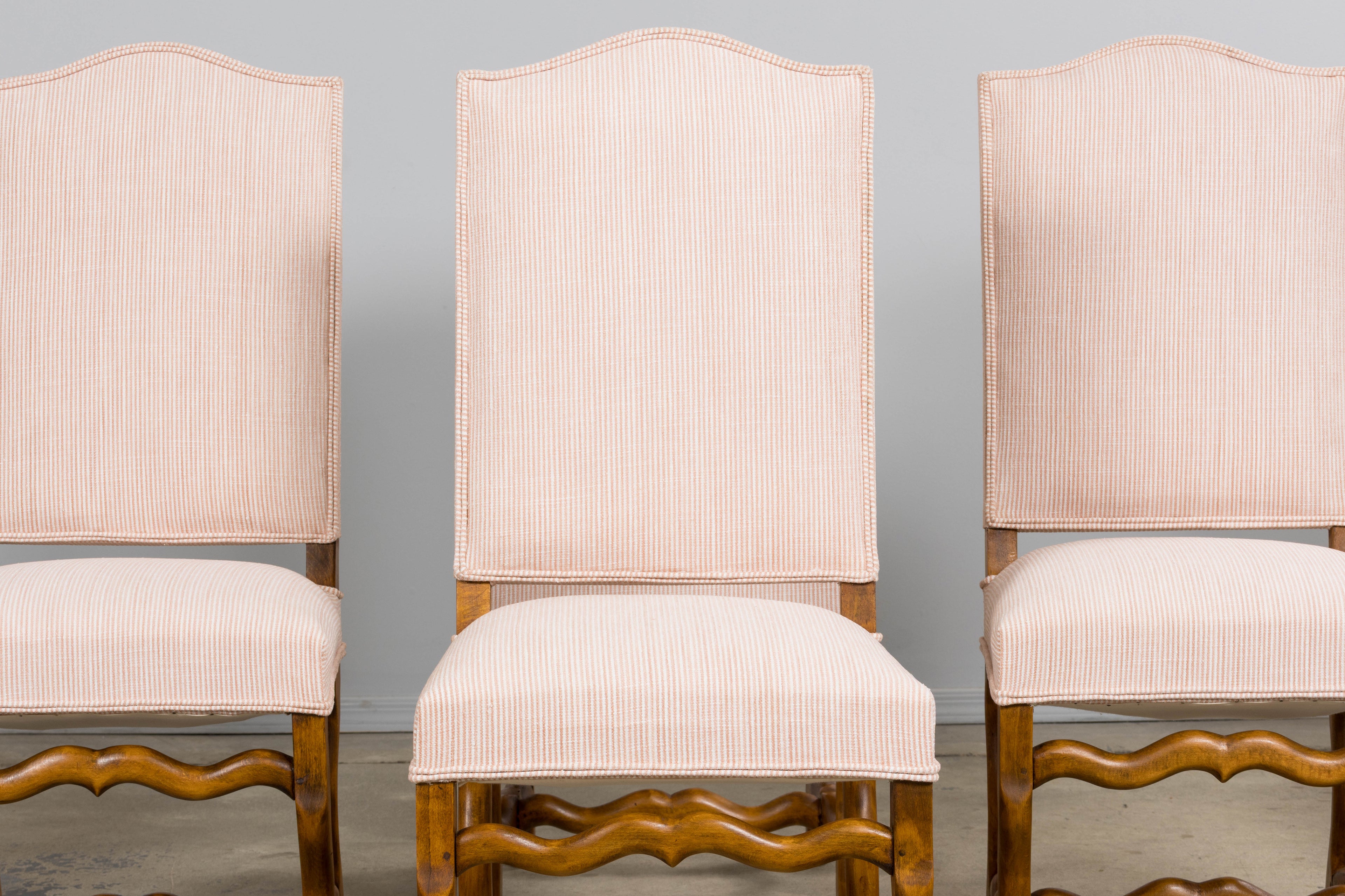 Antique French Louis XIII Style Os De Mouton Oak Dining Chairs in Blush Pink Stripe- Set of 6