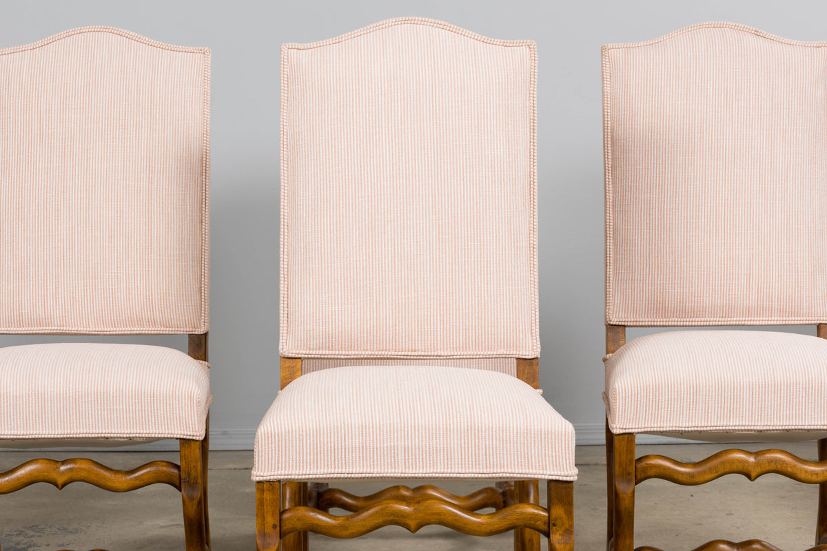 Antique French Louis XIII Style Os De Mouton Oak Dining Chairs in Blush Pink Stripe- Set of 6