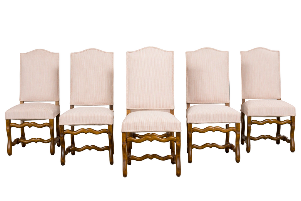 Antique French Louis XIII Style Os De Mouton Oak Dining Chairs in Blush Pink Stripe- Set of 6