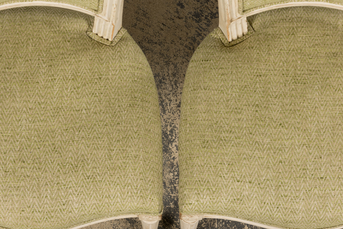 Antique French Louis XVI Style Painted Accent Side Chairs in Light Green Fabric - A Pair