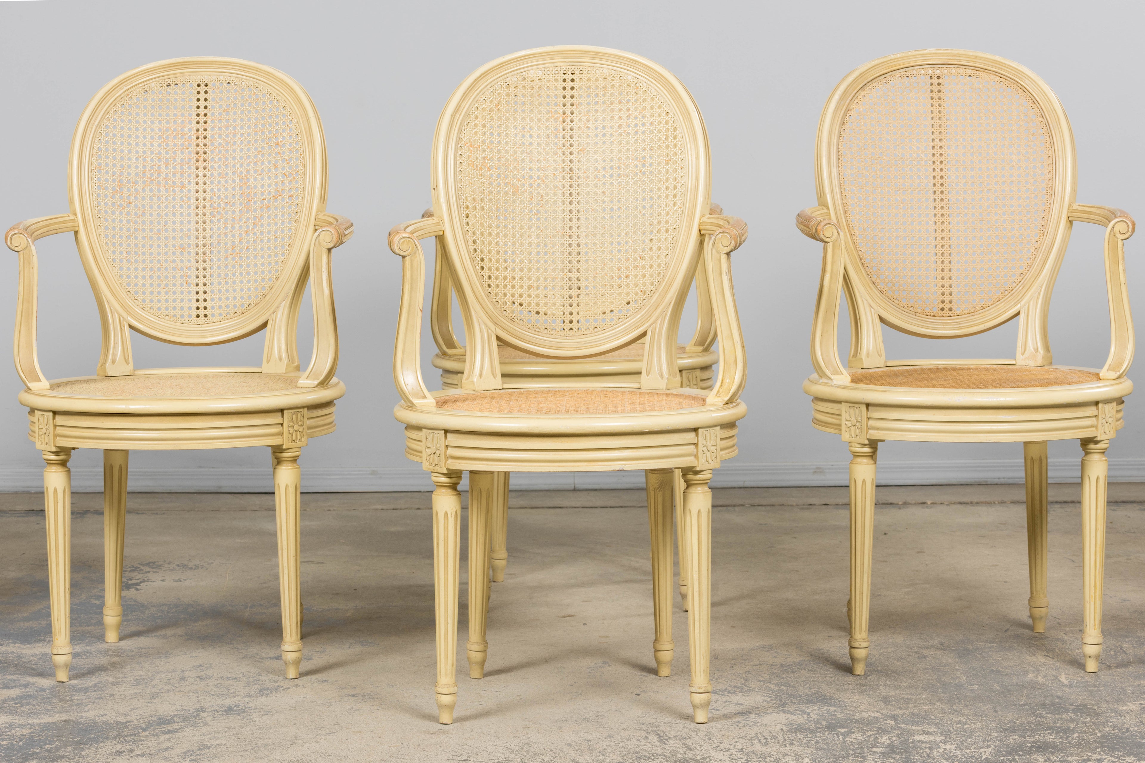 French Louis XVI Style Painted Cane Armchairs - Set of 6