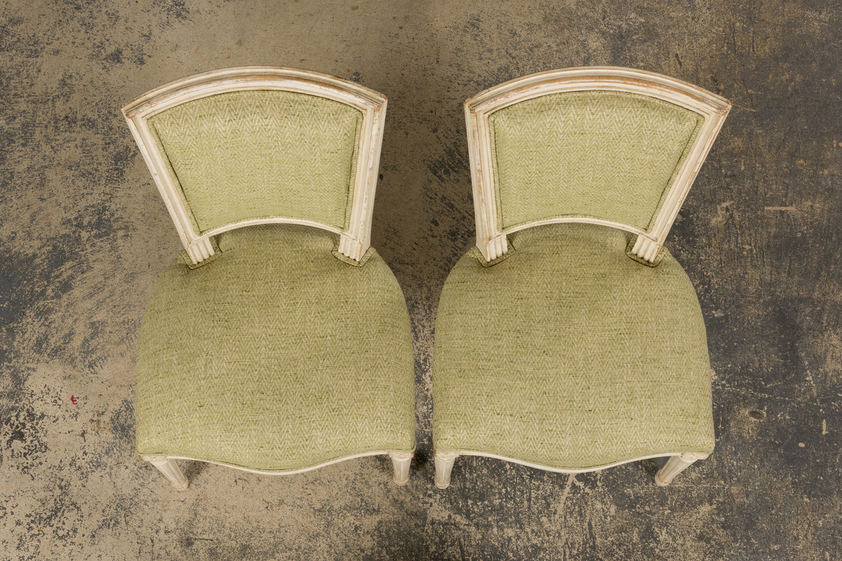 Antique French Louis XVI Style Painted Accent Side Chairs in Light Green Fabric - A Pair