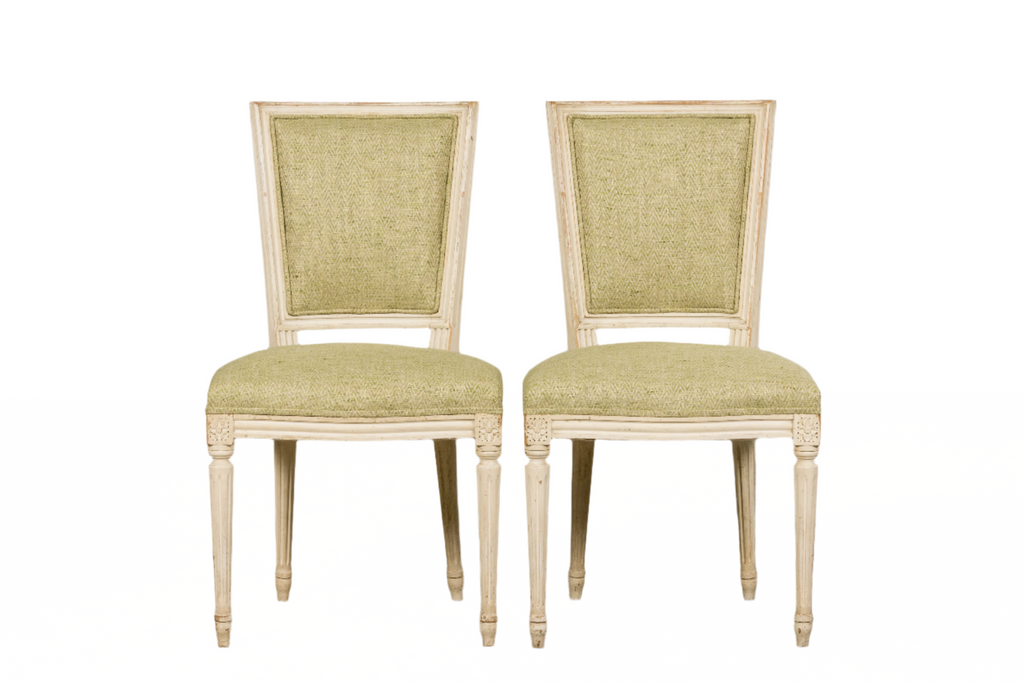 Antique French Louis XVI Style Painted Accent Side Chairs in Light Green Fabric - A Pair