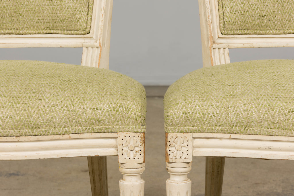 Antique French Louis XVI Style Painted Accent Side Chairs in Light Green Fabric - A Pair