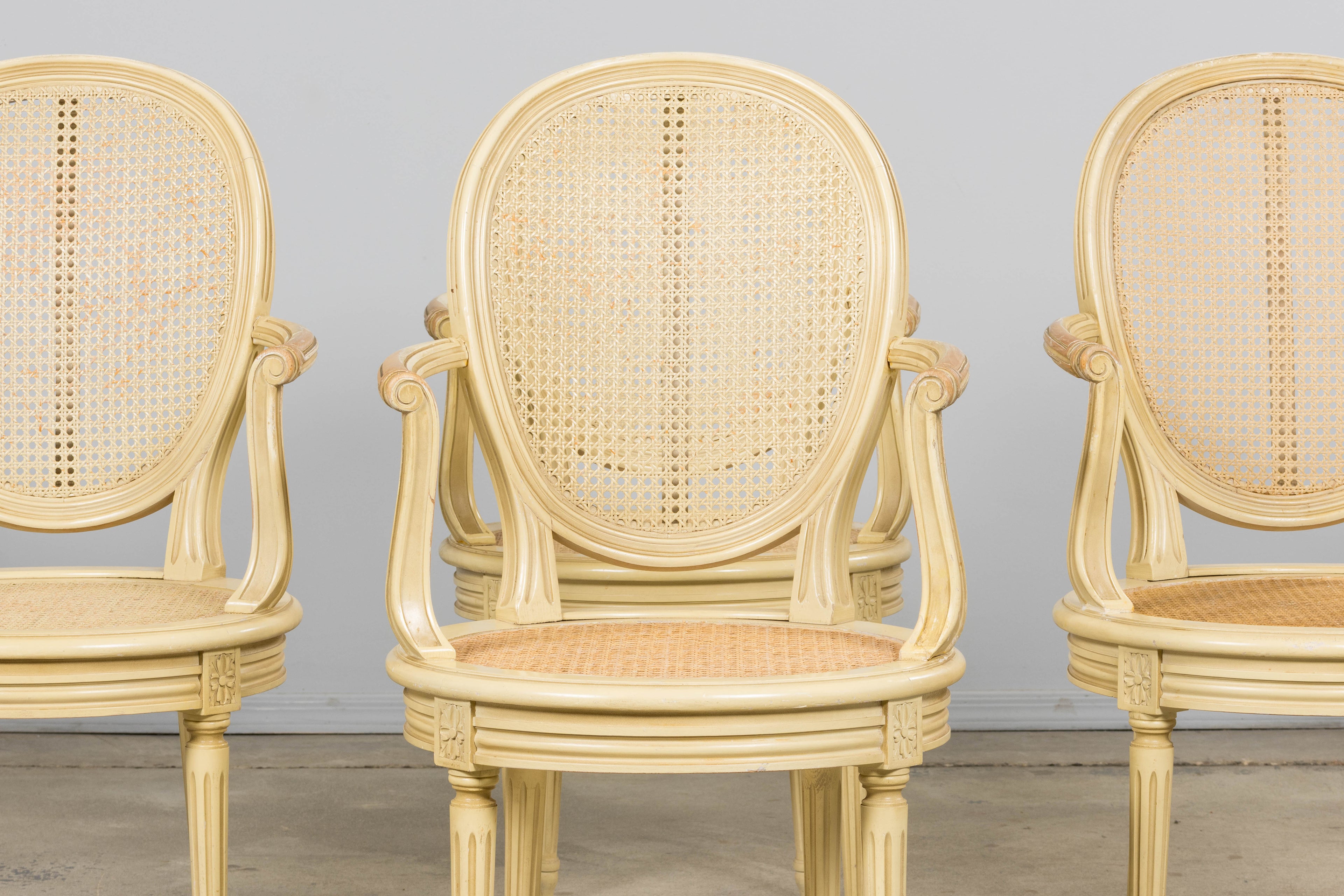 French Louis XVI Style Painted Cane Armchairs - Set of 6