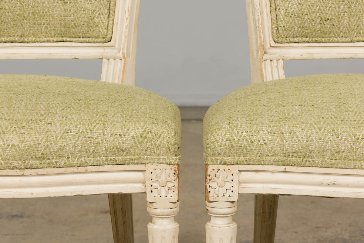 Antique French Louis XVI Style Painted Accent Side Chairs in Light Green Fabric - A Pair