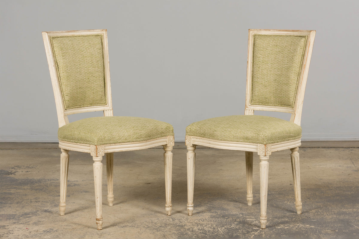 Antique French Louis XVI Style Painted Accent Side Chairs in Light Green Fabric - A Pair