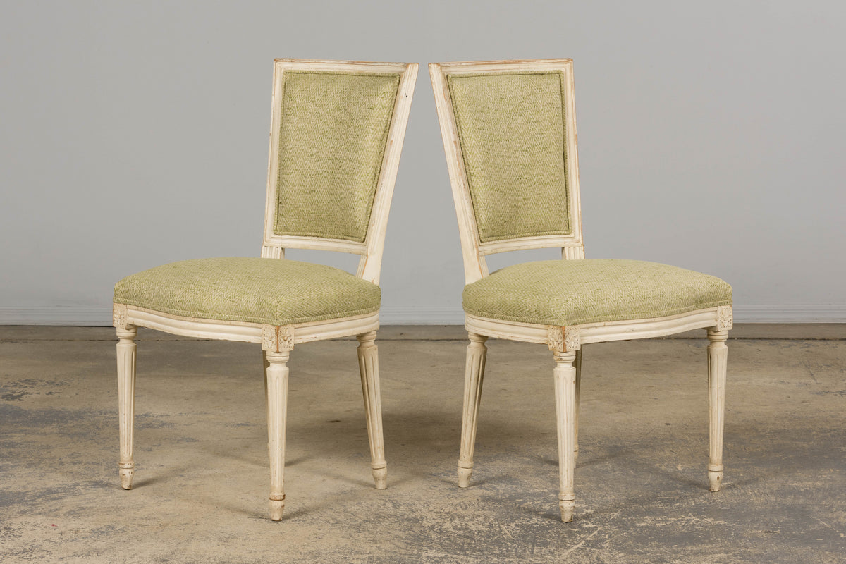 Antique French Louis XVI Style Painted Accent Side Chairs in Light Green Fabric - A Pair