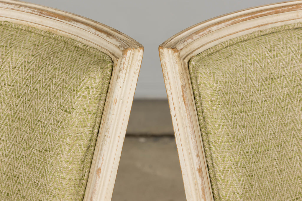 Antique French Louis XVI Style Painted Accent Side Chairs in Light Green Fabric - A Pair