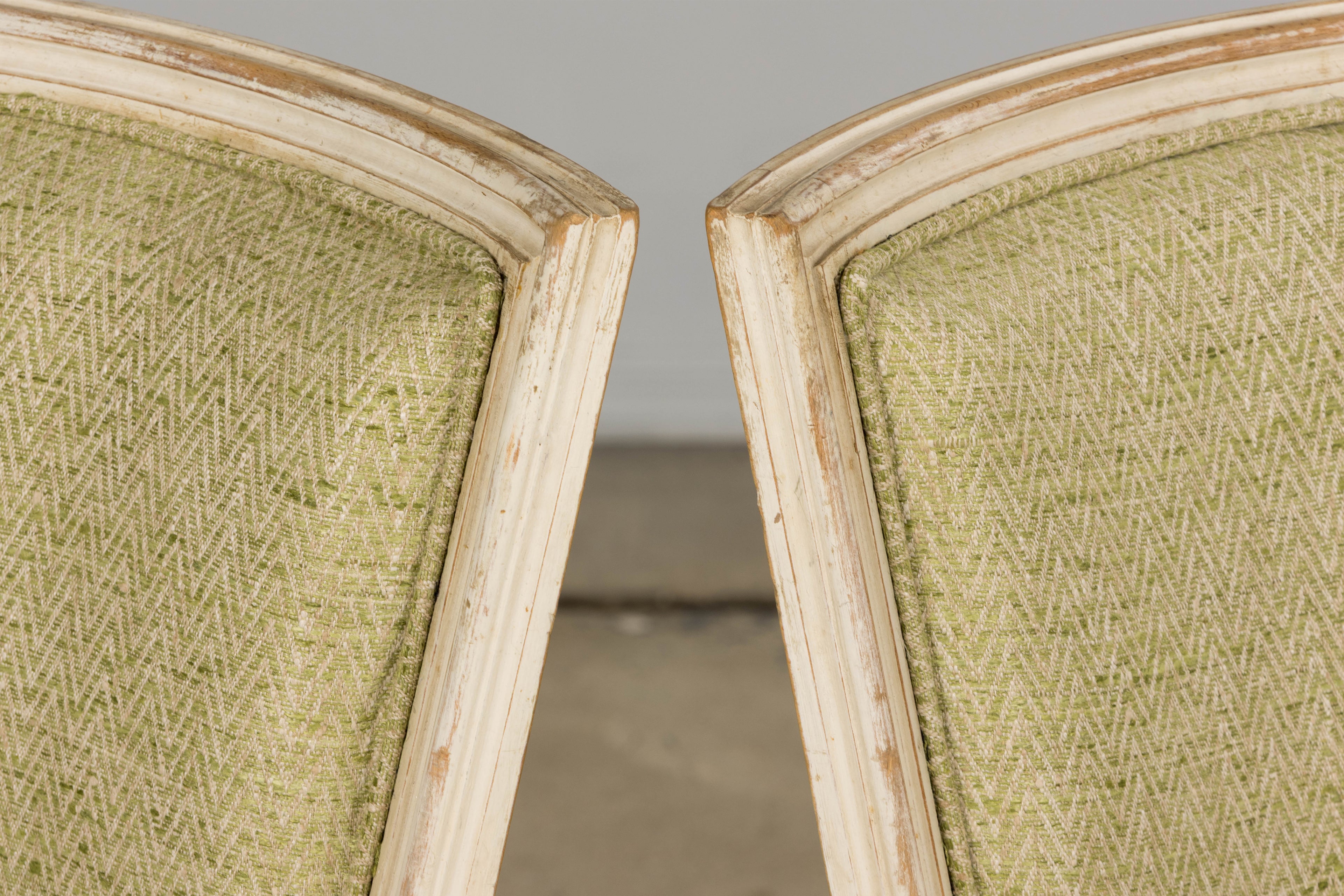 Antique French Louis XVI Style Painted Accent Side Chairs in Light Green Fabric - A Pair
