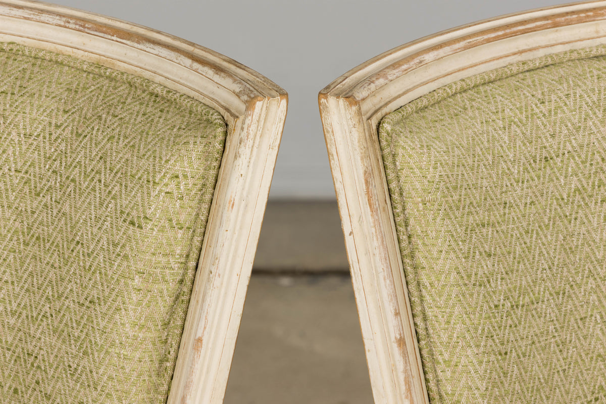 Antique French Louis XVI Style Painted Accent Side Chairs in Light Green Fabric - A Pair