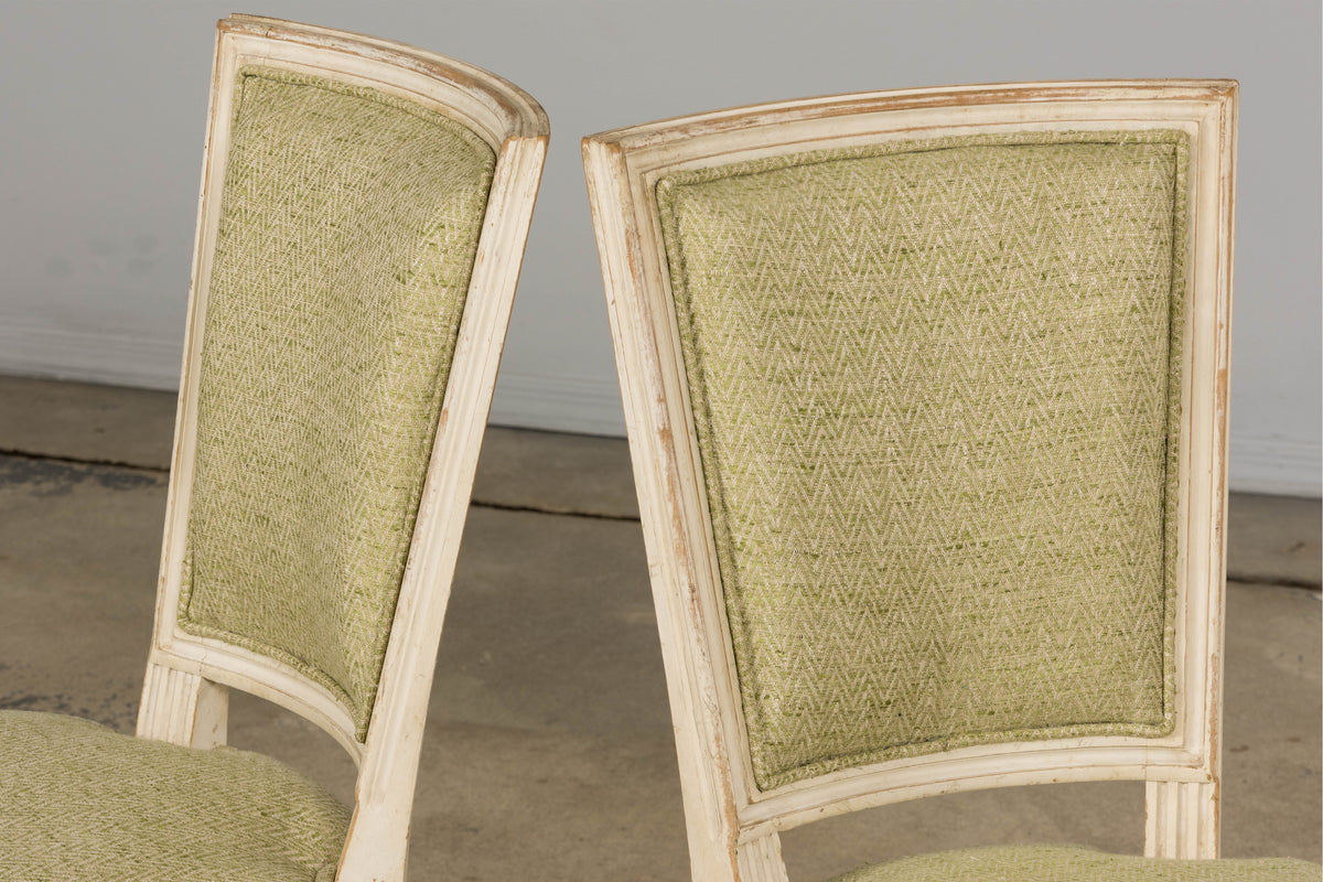 Antique French Louis XVI Style Painted Accent Side Chairs in Light Green Fabric - A Pair