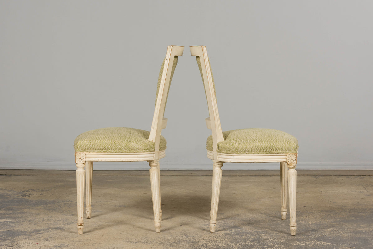 Antique French Louis XVI Style Painted Accent Side Chairs in Light Green Fabric - A Pair