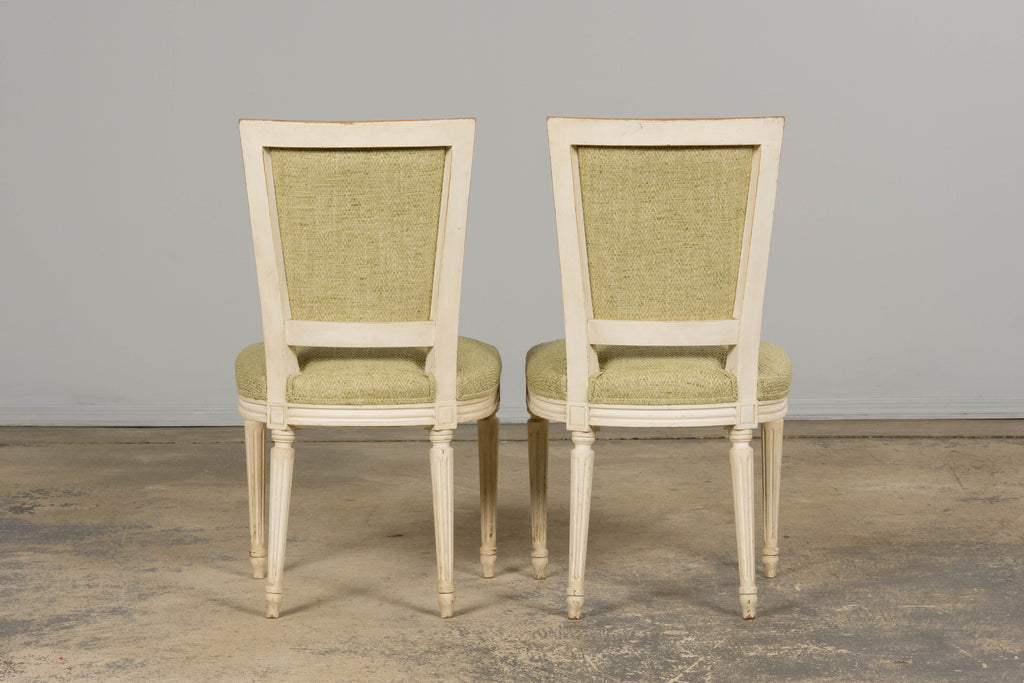 Antique French Louis XVI Style Painted Accent Side Chairs in Light Green Fabric - A Pair