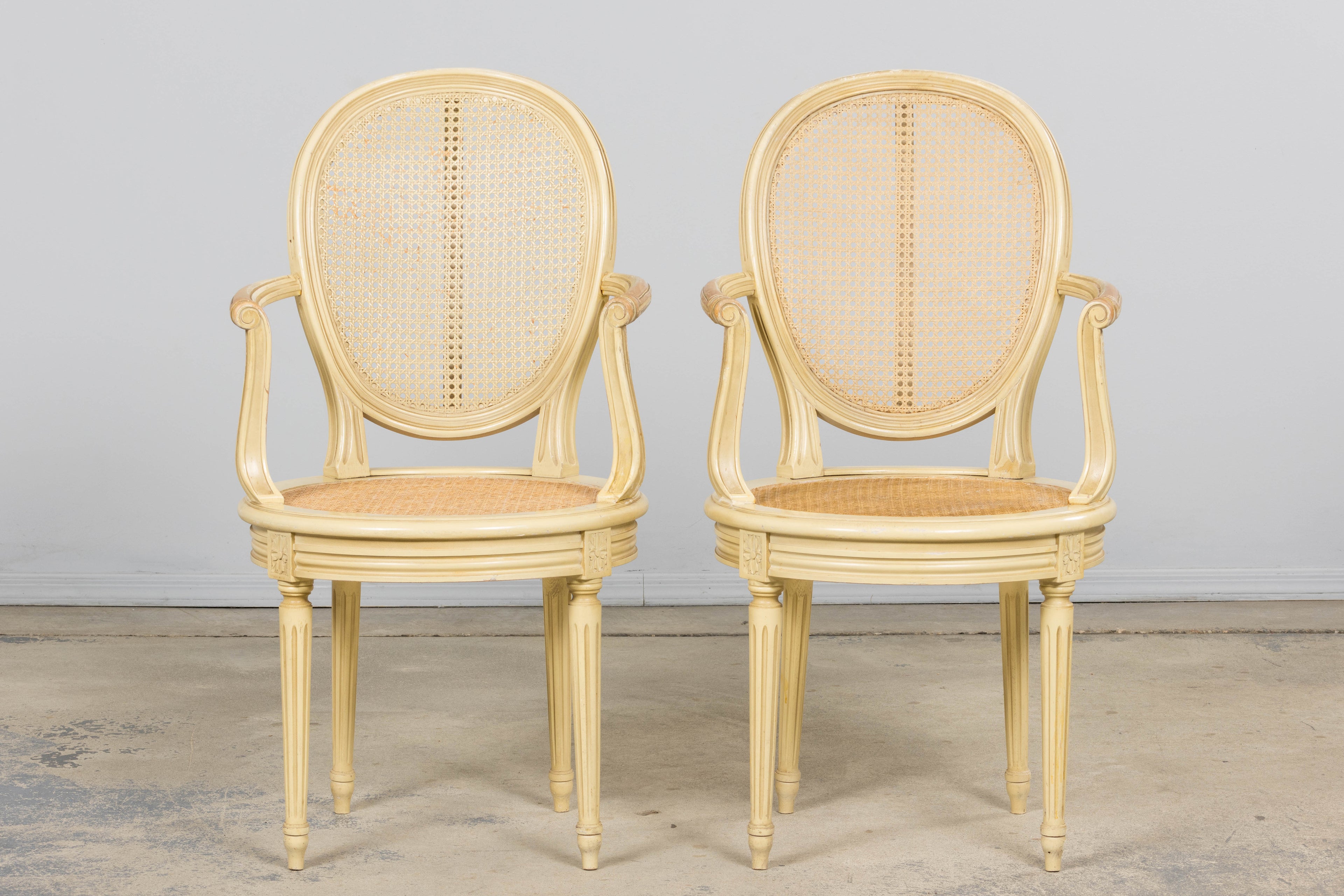 French Louis XVI Style Painted Cane Armchairs - Set of 6