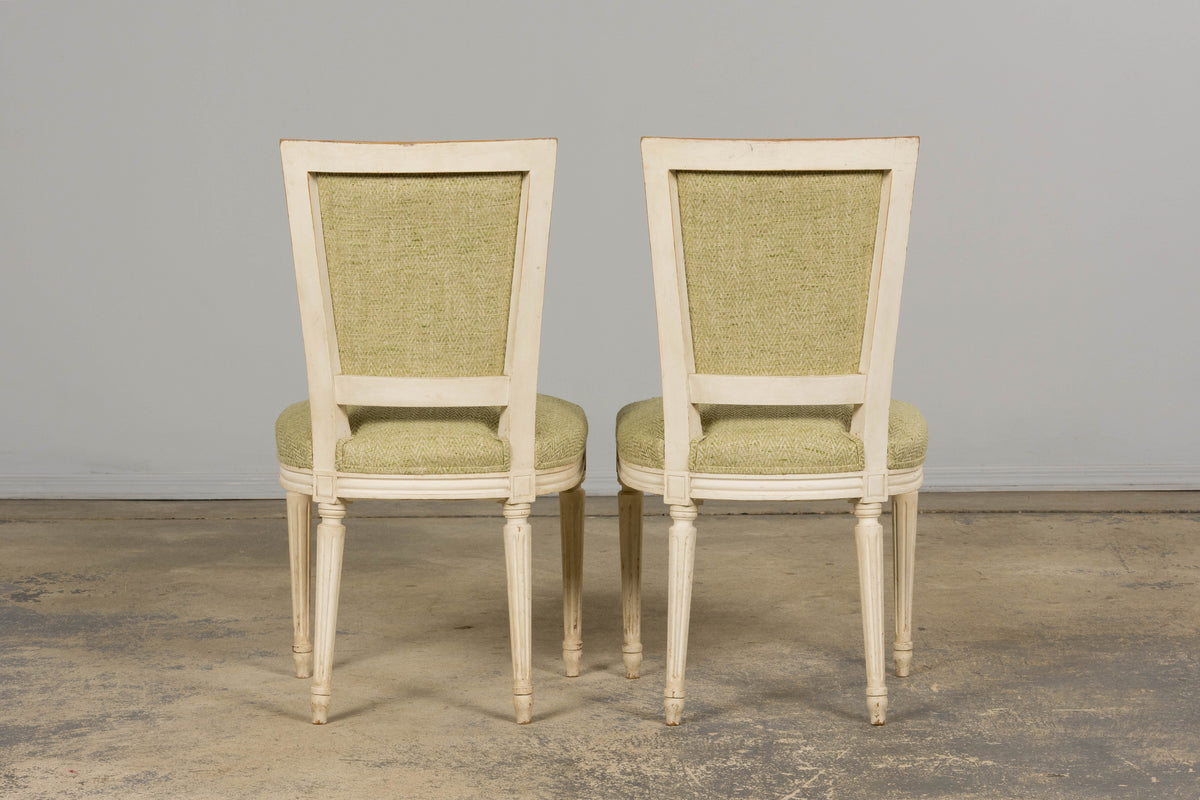 Antique French Louis XVI Style Painted Accent Side Chairs in Light Green Fabric - A Pair