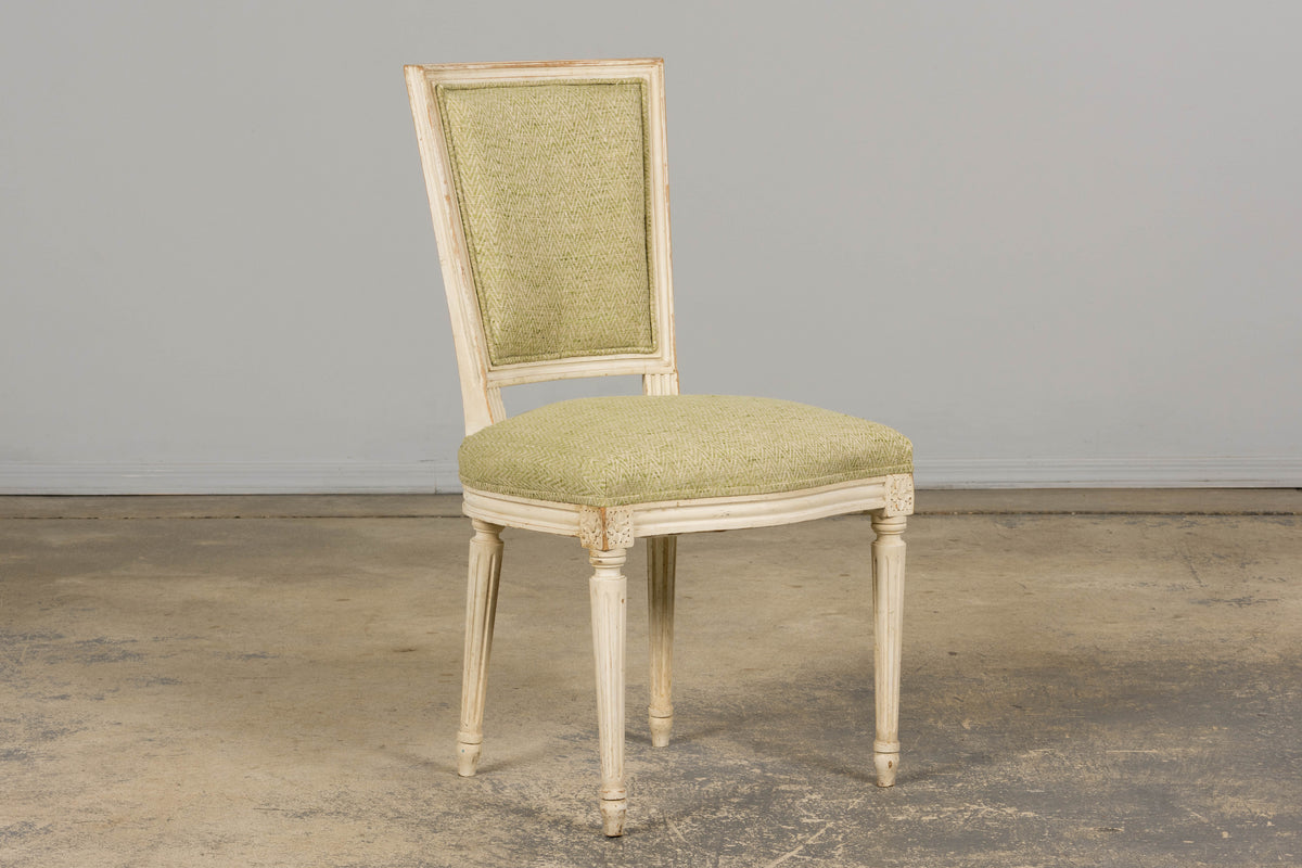 Antique French Louis XVI Style Painted Accent Side Chairs in Light Green Fabric - A Pair