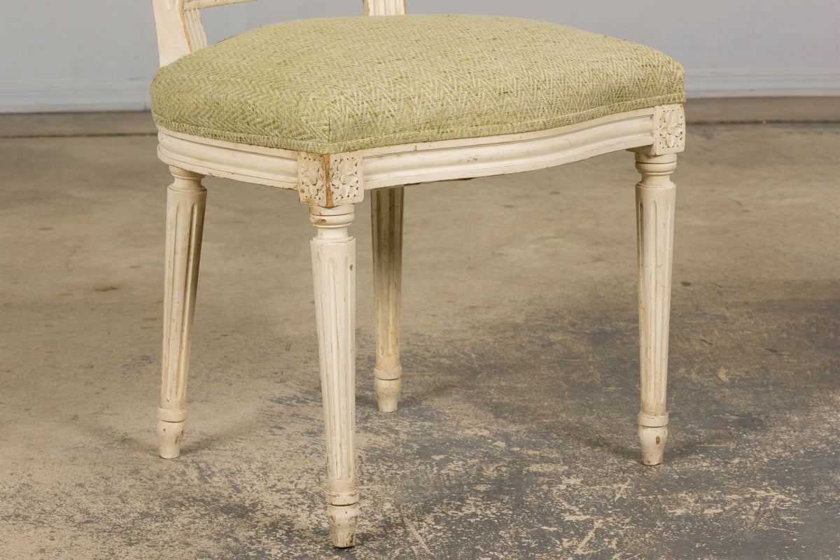 Antique French Louis XVI Style Painted Accent Side Chairs in Light Green Fabric - A Pair