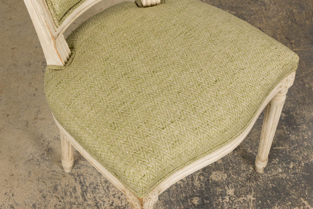 Antique French Louis XVI Style Painted Accent Side Chairs in Light Green Fabric - A Pair