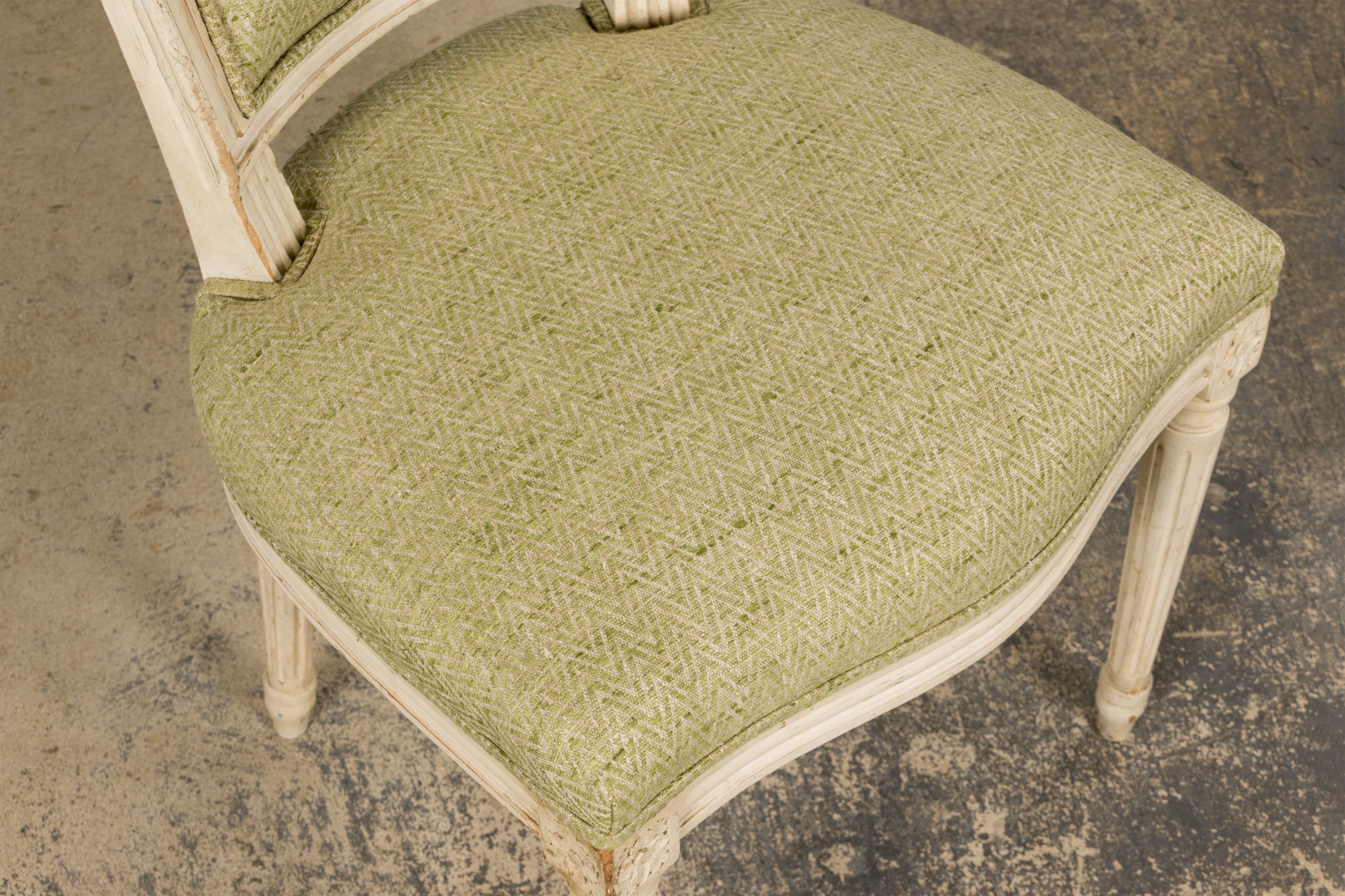 Antique French Louis XVI Style Painted Accent Side Chairs in Light Green Fabric - A Pair
