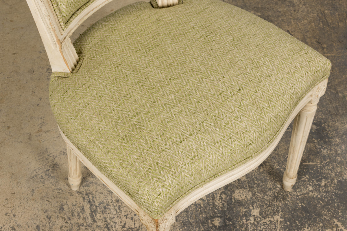 Antique French Louis XVI Style Painted Accent Side Chairs in Light Green Fabric - A Pair