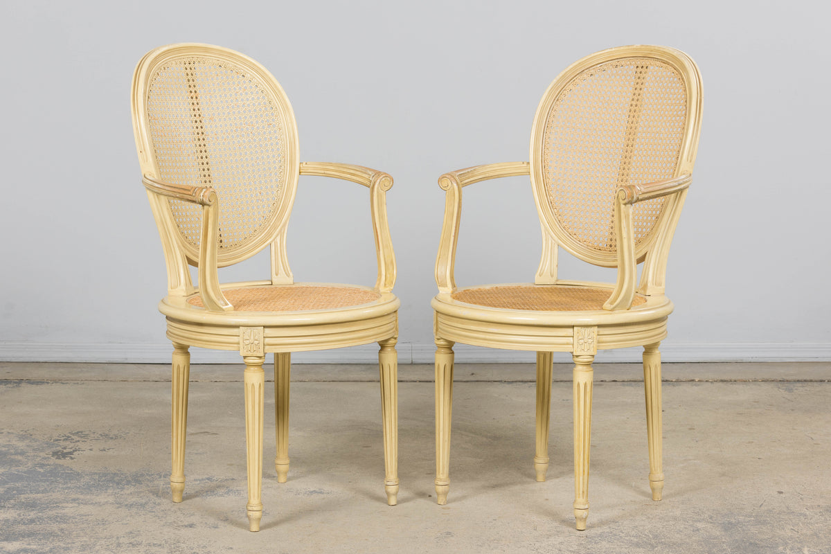 French Louis XVI Style Painted Cane Armchairs - Set of 6