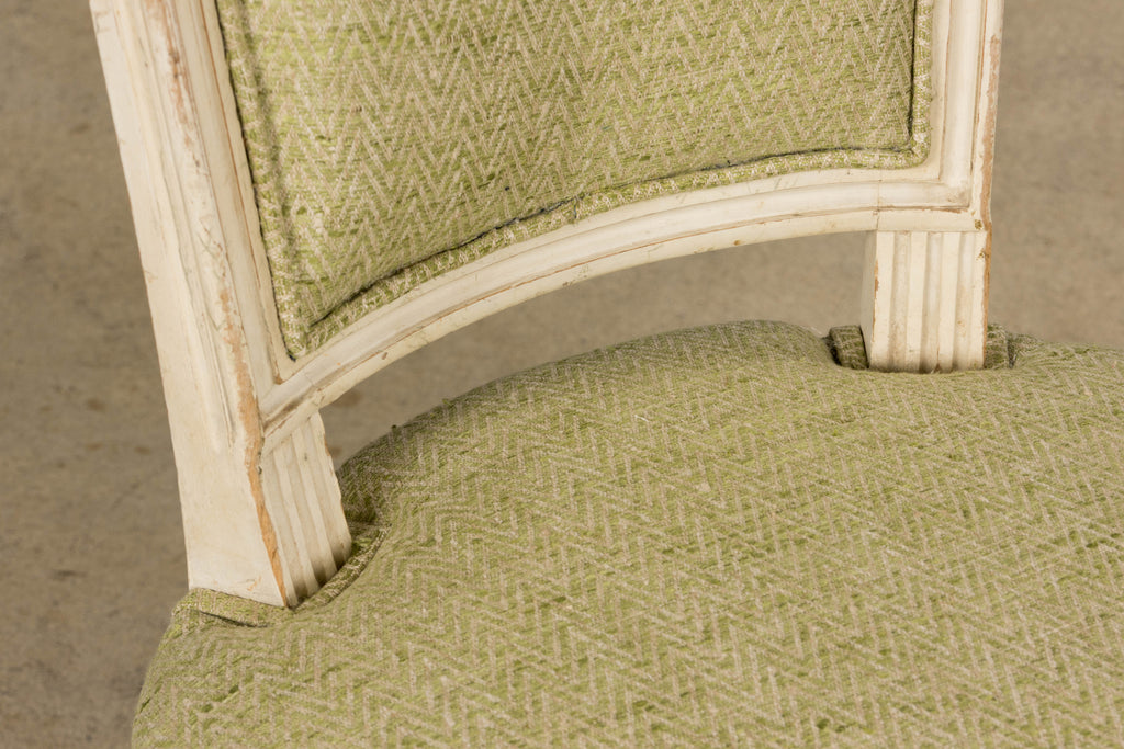 Antique French Louis XVI Style Painted Accent Side Chairs in Light Green Fabric - A Pair