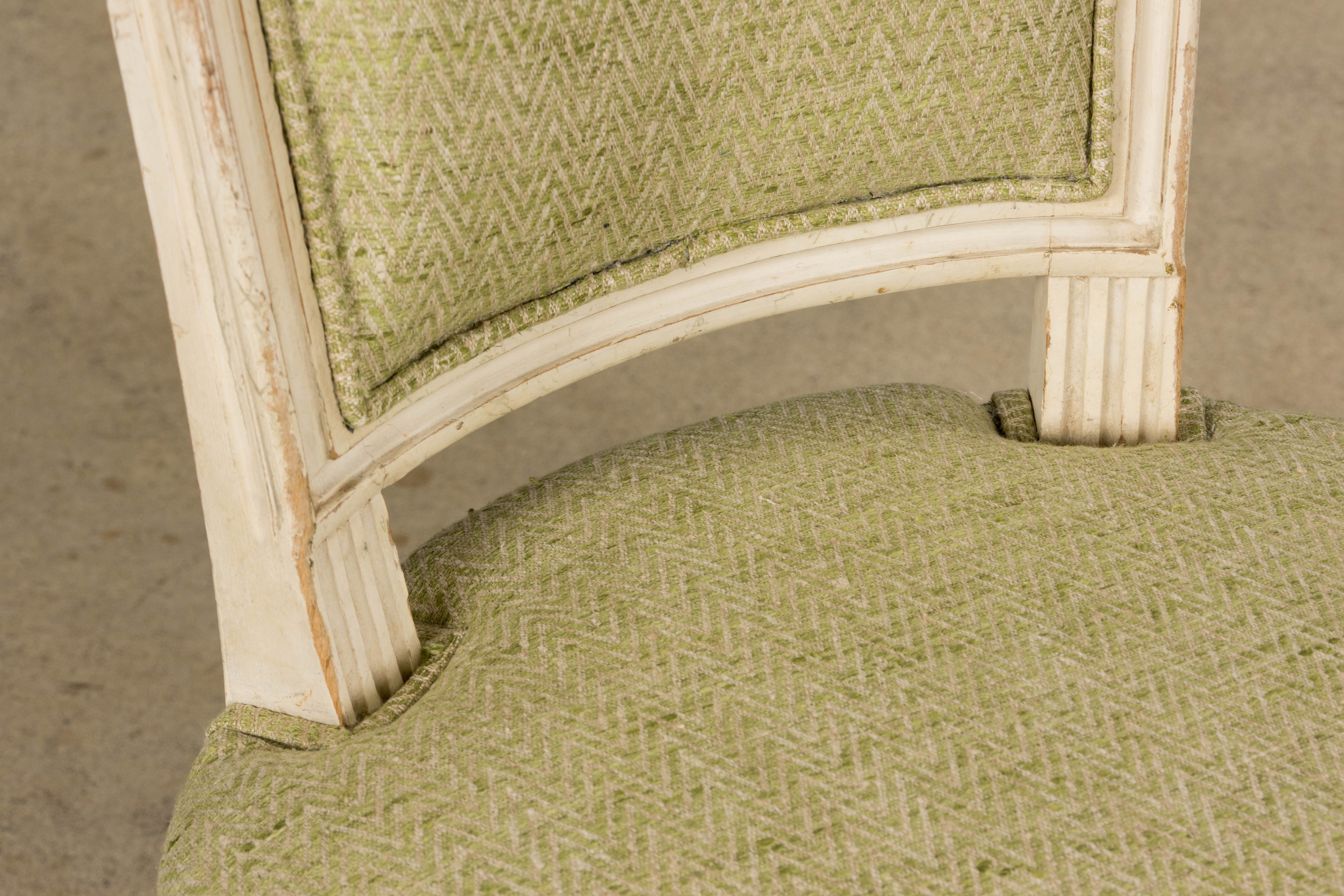 Antique French Louis XVI Style Painted Accent Side Chairs in Light Green Fabric - A Pair