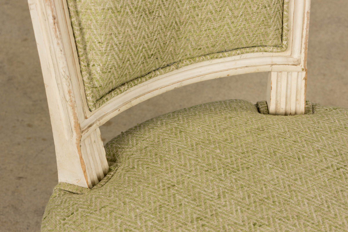 Antique French Louis XVI Style Painted Accent Side Chairs in Light Green Fabric - A Pair