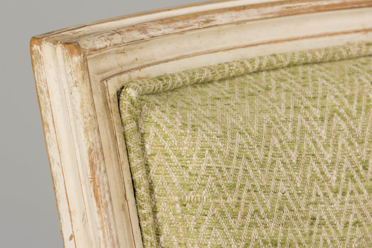 Antique French Louis XVI Style Painted Accent Side Chairs in Light Green Fabric - A Pair