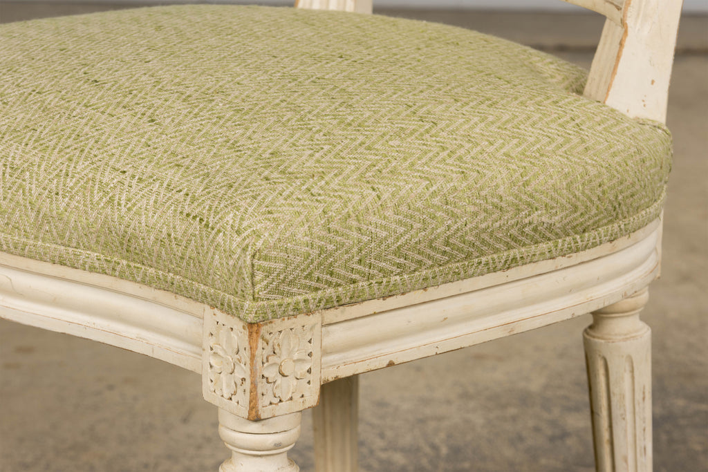 Antique French Louis XVI Style Painted Accent Side Chairs in Light Green Fabric - A Pair