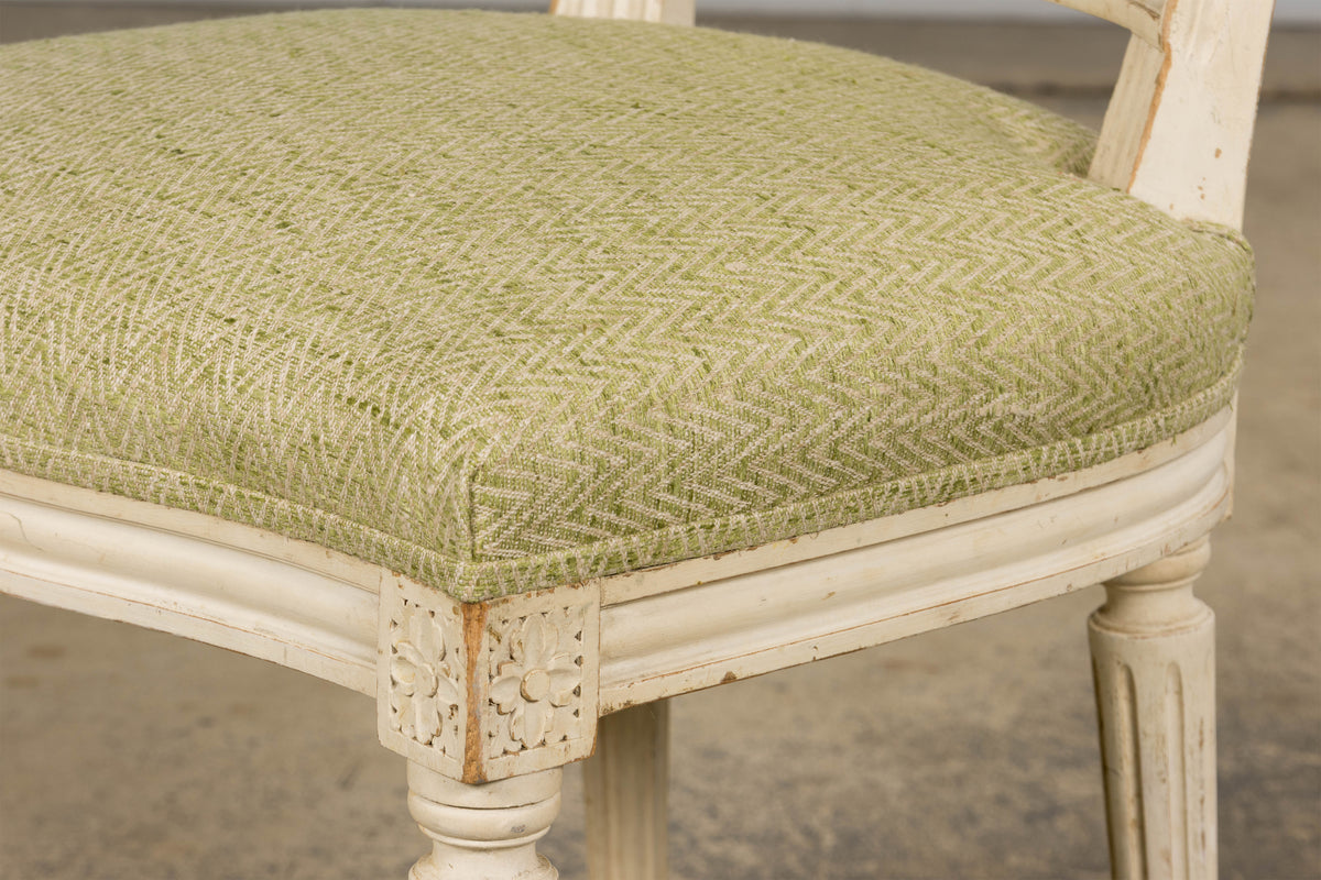 Antique French Louis XVI Style Painted Accent Side Chairs in Light Green Fabric - A Pair