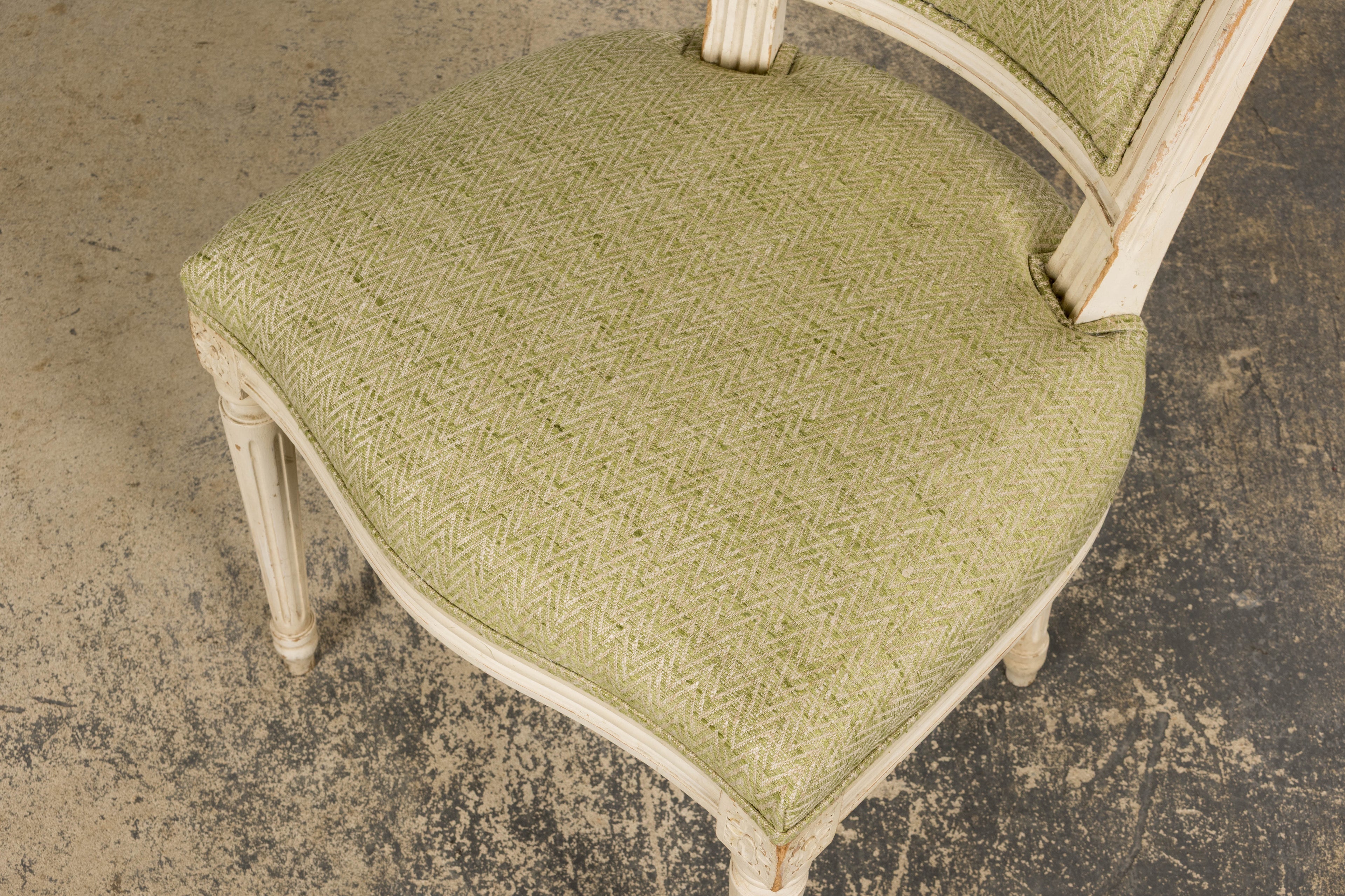 Antique French Louis XVI Style Painted Accent Side Chairs in Light Green Fabric - A Pair