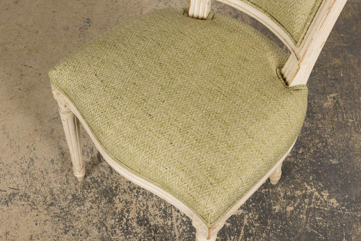 Antique French Louis XVI Style Painted Accent Side Chairs in Light Green Fabric - A Pair