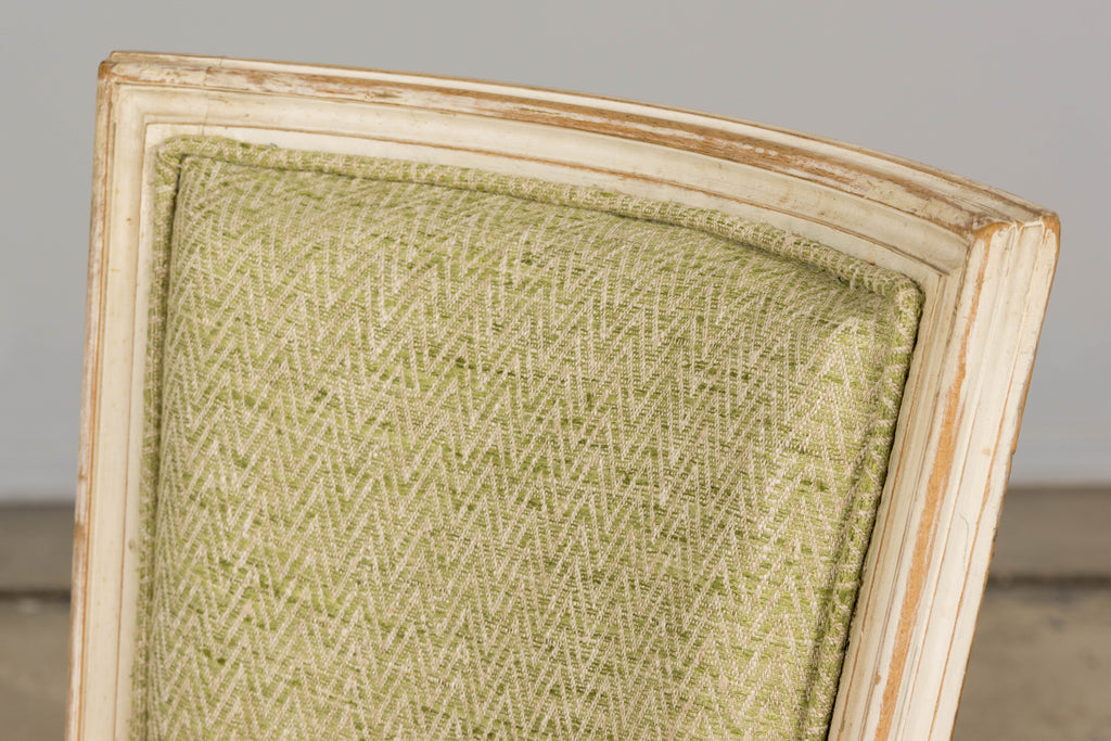 Antique French Louis XVI Style Painted Accent Side Chairs in Light Green Fabric - A Pair
