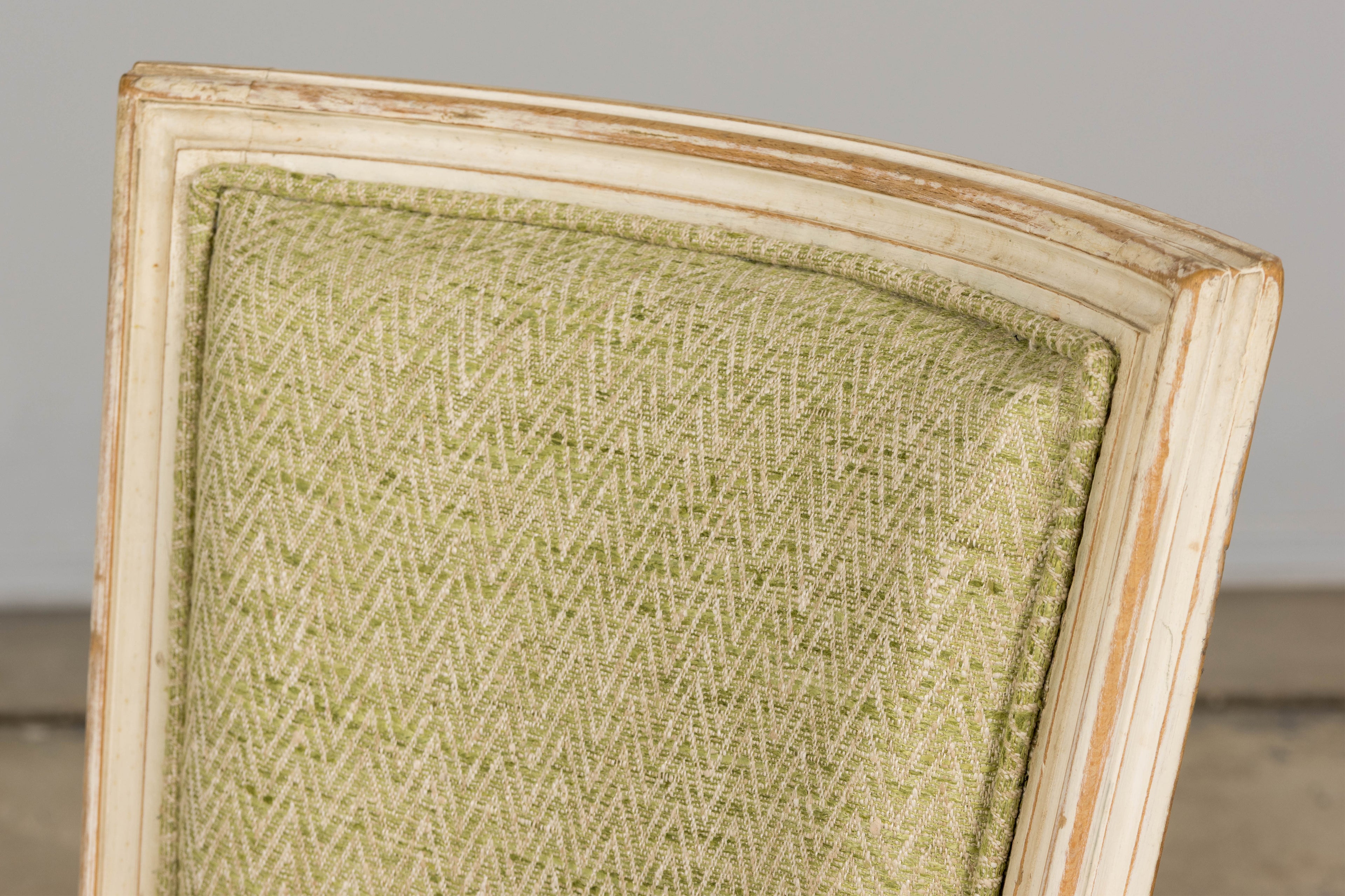 Antique French Louis XVI Style Painted Accent Side Chairs in Light Green Fabric - A Pair