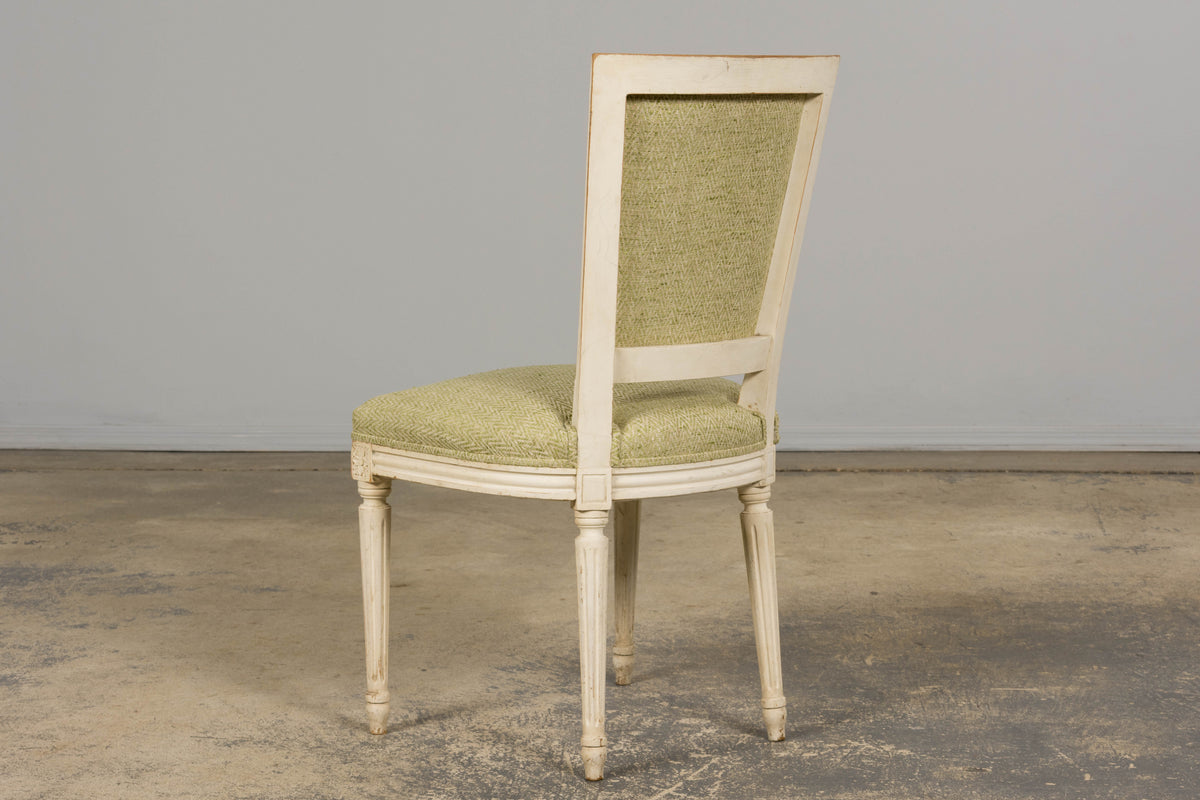 Antique French Louis XVI Style Painted Accent Side Chairs in Light Green Fabric - A Pair