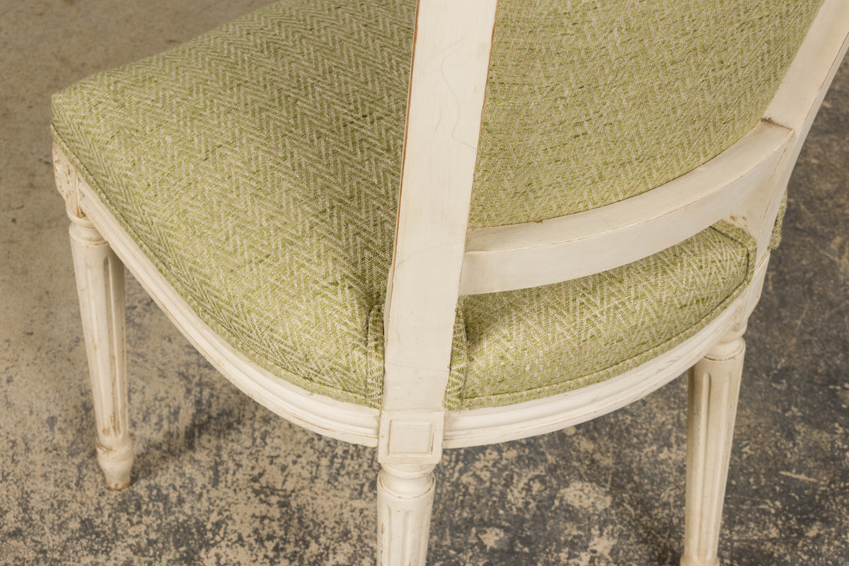 Antique French Louis XVI Style Painted Accent Side Chairs in Light Green Fabric - A Pair