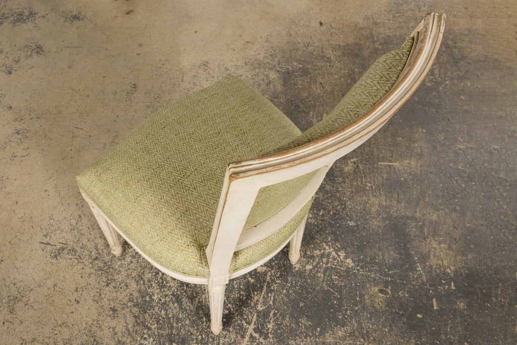 Antique French Louis XVI Style Painted Accent Side Chairs in Light Green Fabric - A Pair