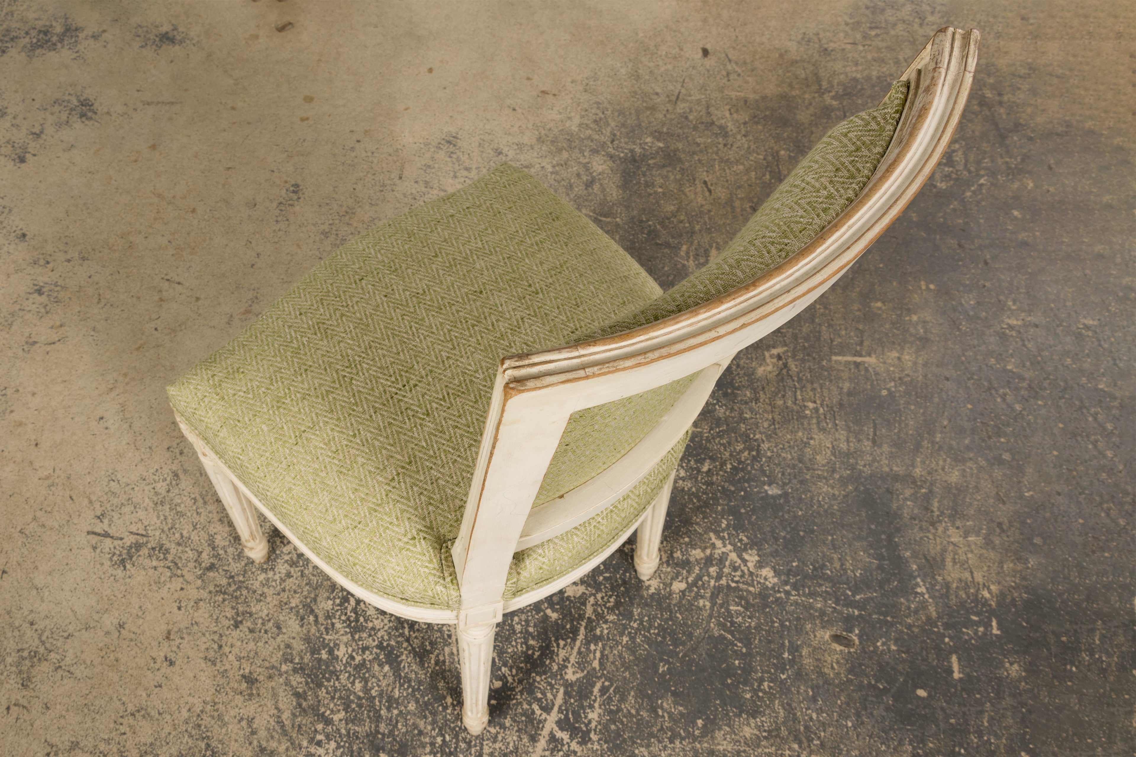 Antique French Louis XVI Style Painted Accent Side Chairs in Light Green Fabric - A Pair