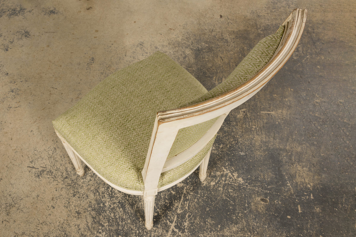 Antique French Louis XVI Style Painted Accent Side Chairs in Light Green Fabric - A Pair