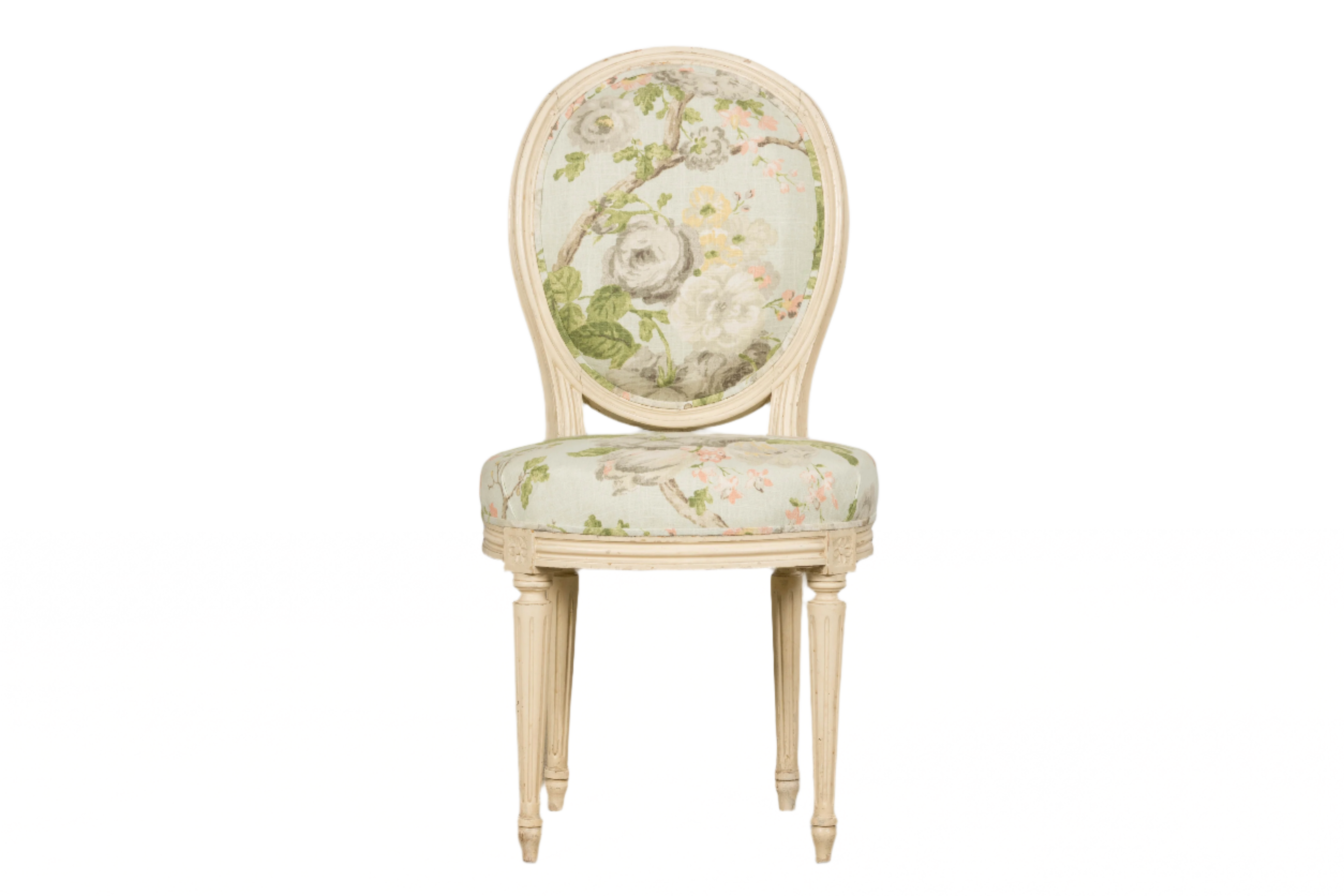 19th Century French Louis XVI Style Painted Accent Chair in Floral Linen