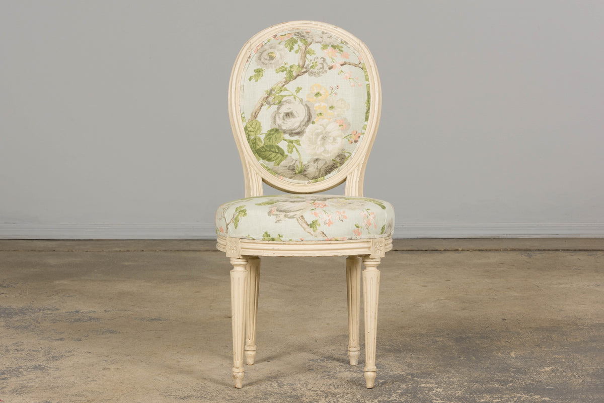 19th Century French Louis XVI Style Painted Accent Chair in Floral Linen