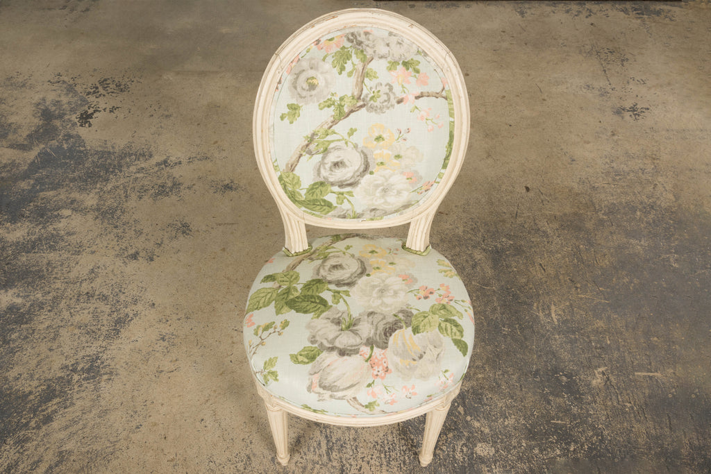 19th Century French Louis XVI Style Painted Accent Chair in Floral Linen