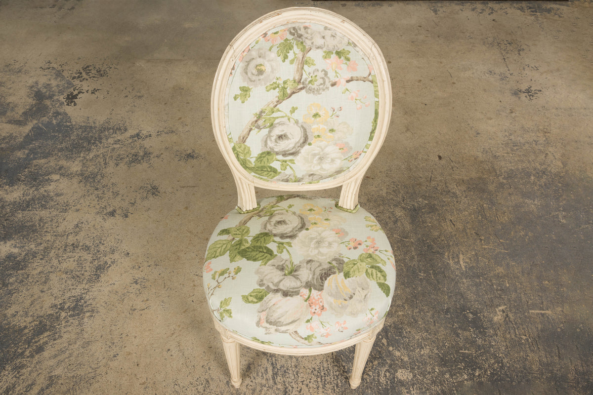 19th Century French Louis XVI Style Painted Accent Chair in Floral Linen