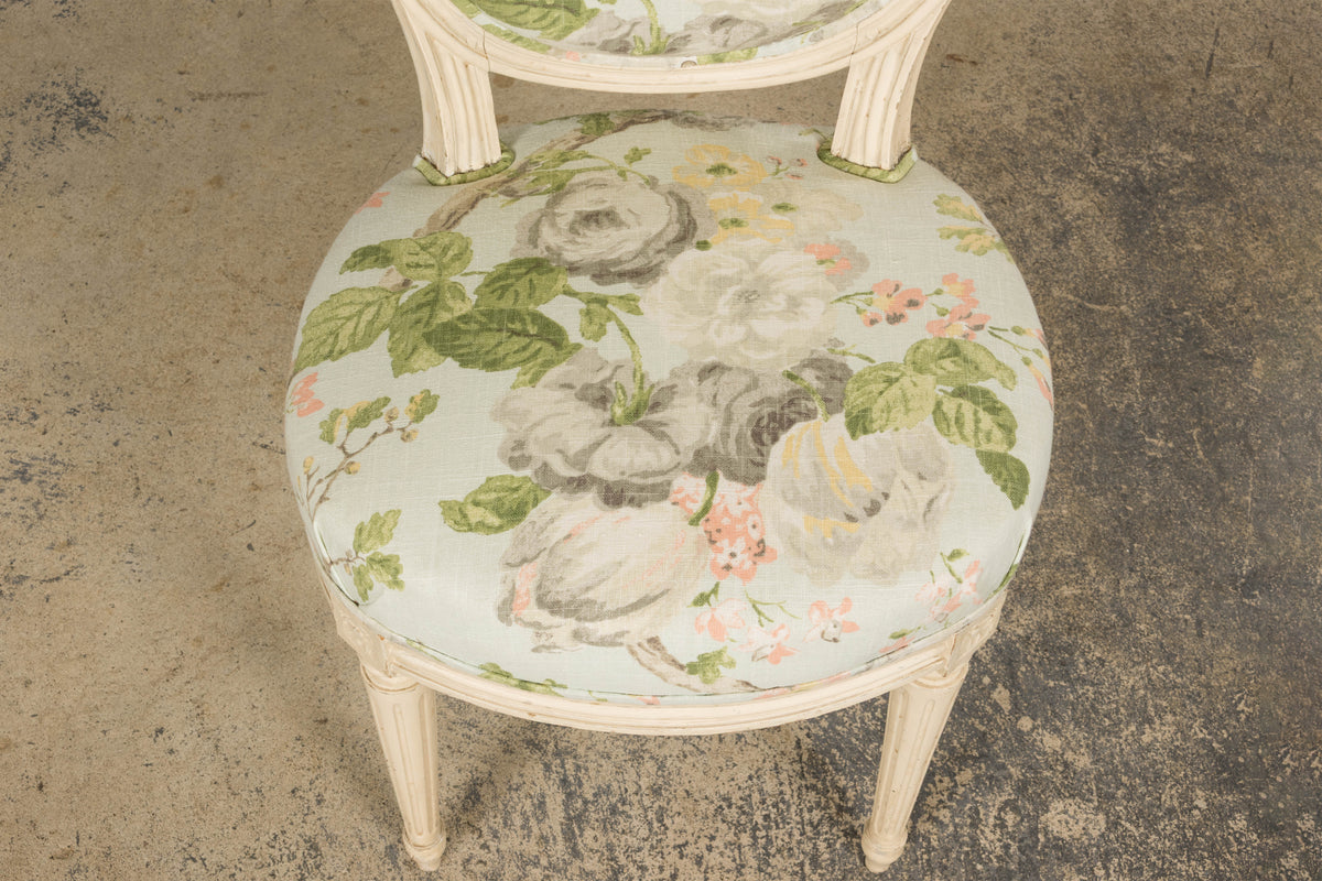 19th Century French Louis XVI Style Painted Accent Chair in Floral Linen