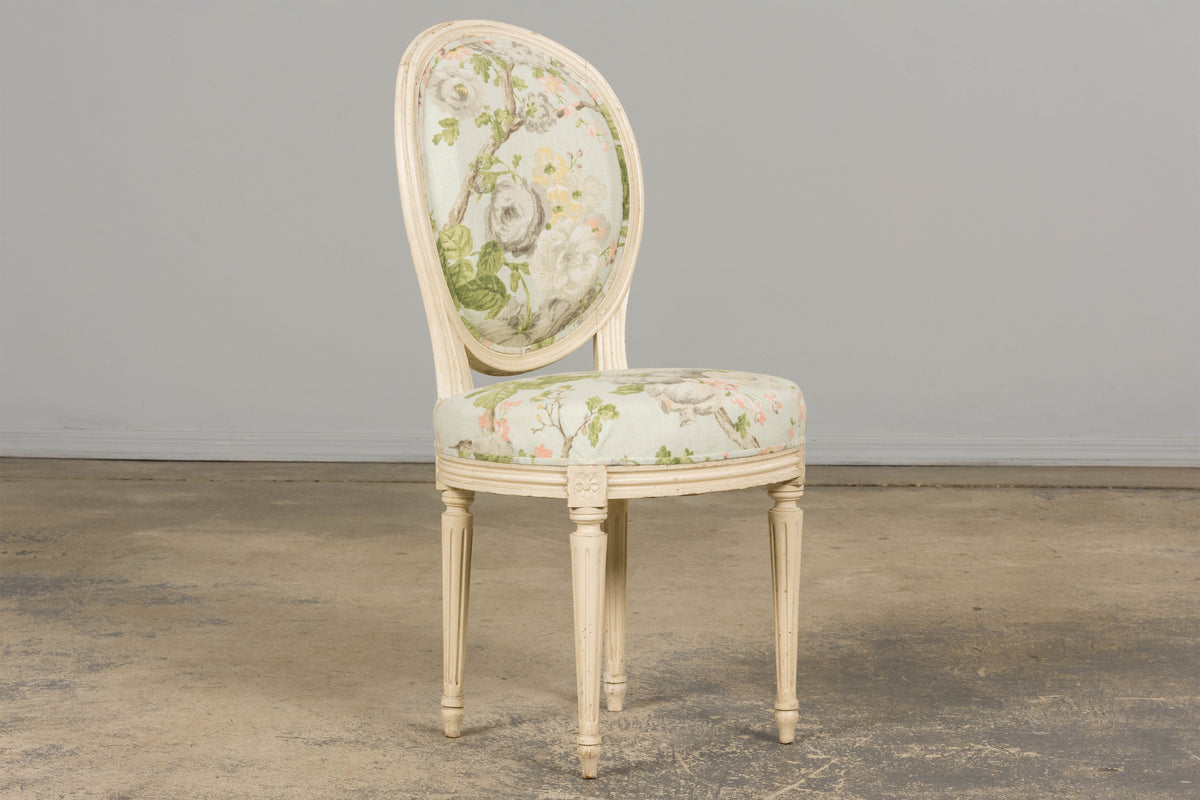 19th Century French Louis XVI Style Painted Accent Chair in Floral Linen