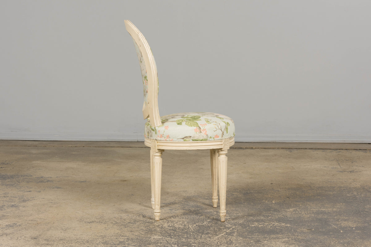 19th Century French Louis XVI Style Painted Accent Chair in Floral Linen