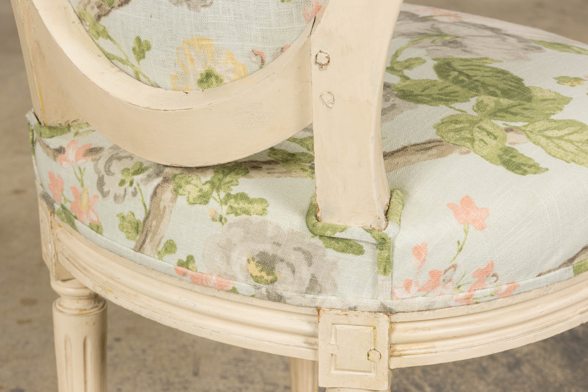 19th Century French Louis XVI Style Painted Accent Chair in Floral Linen
